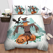 Load image into Gallery viewer, Halloween Jack-O-Lantern With Scarecrow Illustration Bed Sheets Spread Duvet Cover Bedding Sets